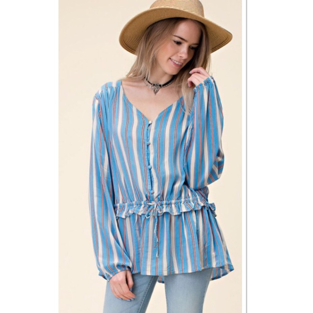 🎉HP🎉BOHO STRIPED PEASANT TOP - Picture 2 of 4